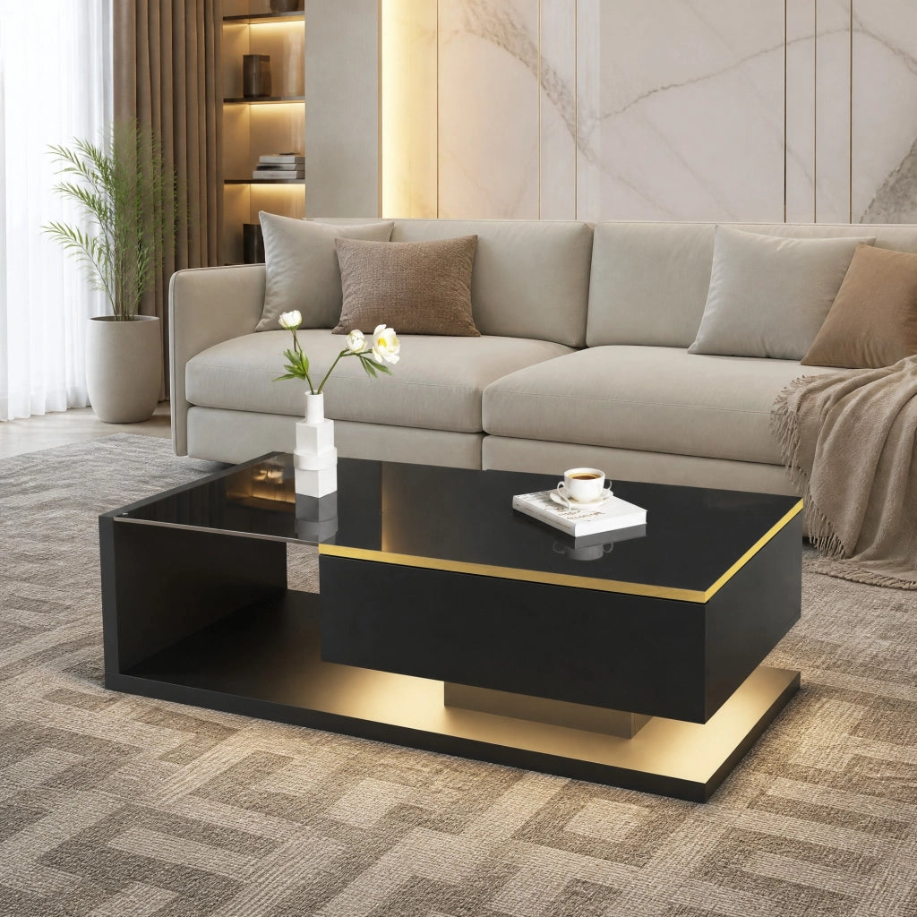 TAVOLINO DA CAFFÈ 100x50 cm Nero lucido con piano in vetro e LED