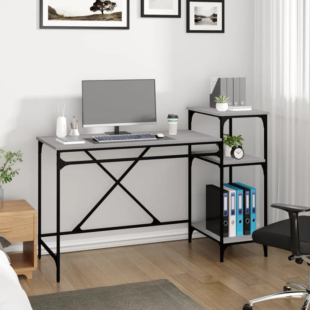Scrivania Ripiani Grigio Sonoma 135x50x90cm Multistrato e Ferro 826712