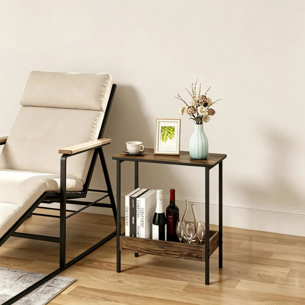 Tavolino basso con 2 ripiani e bordi rialzati, in legno ingegnerizzato e metallo, nero, per soggiorno e ingresso, 50 × 55 × 25 cm