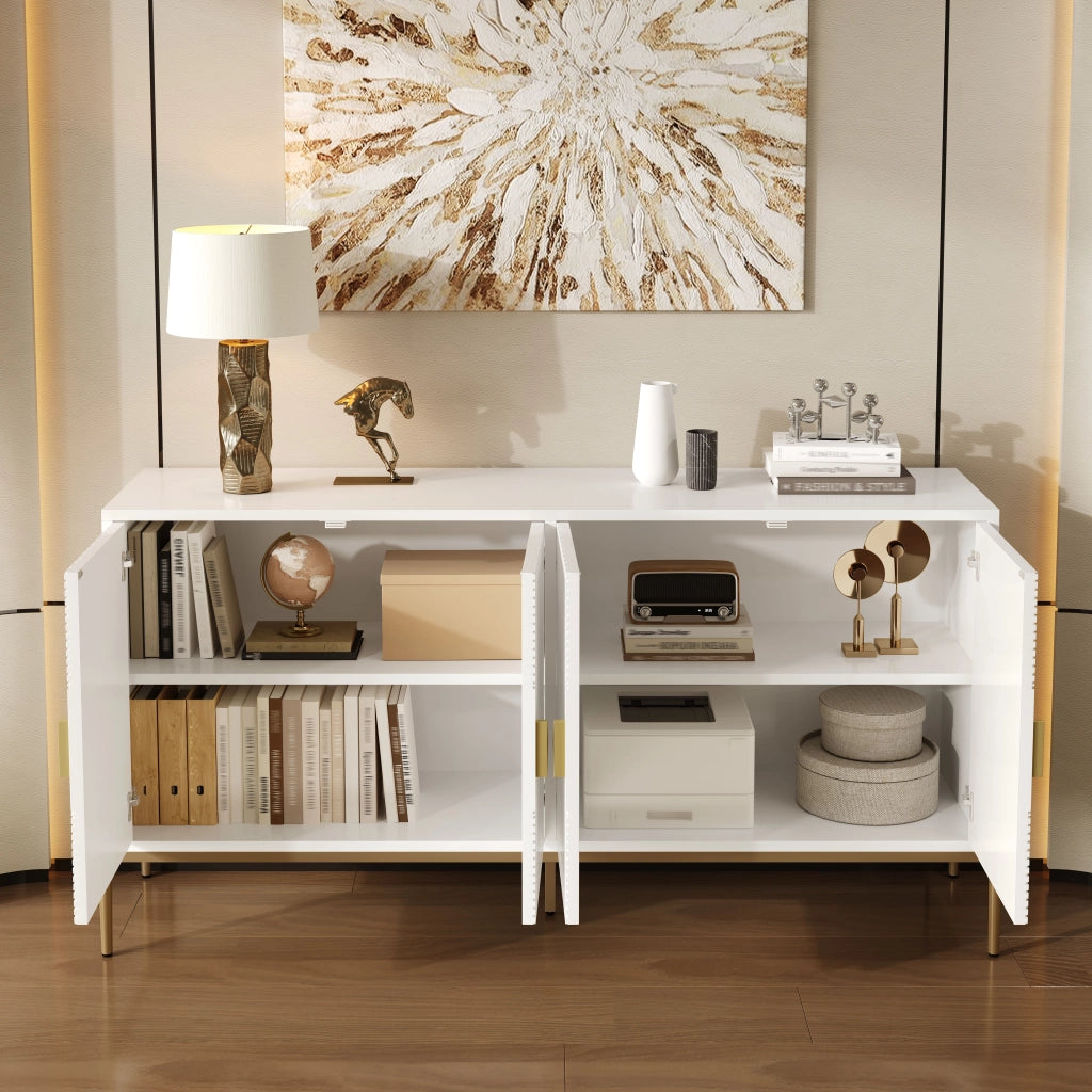 Credenza con 4 Ante; Motivo Geometrico 3D; Maniglie Dorate; Gambe in Metallo; Stile Moderno; 162??40??80 cm; Bianco