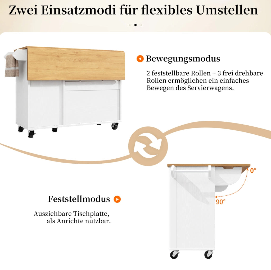 Isola da cucina mobile 130x45/75x92 cm bianca in MDF