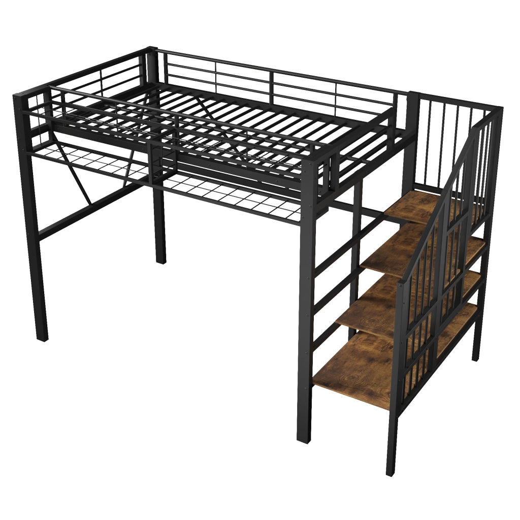 Letto a soppalco singolo 90×200 cm con ripiani a gradini; LED e vano aperto; senza materasso; metallo; nero