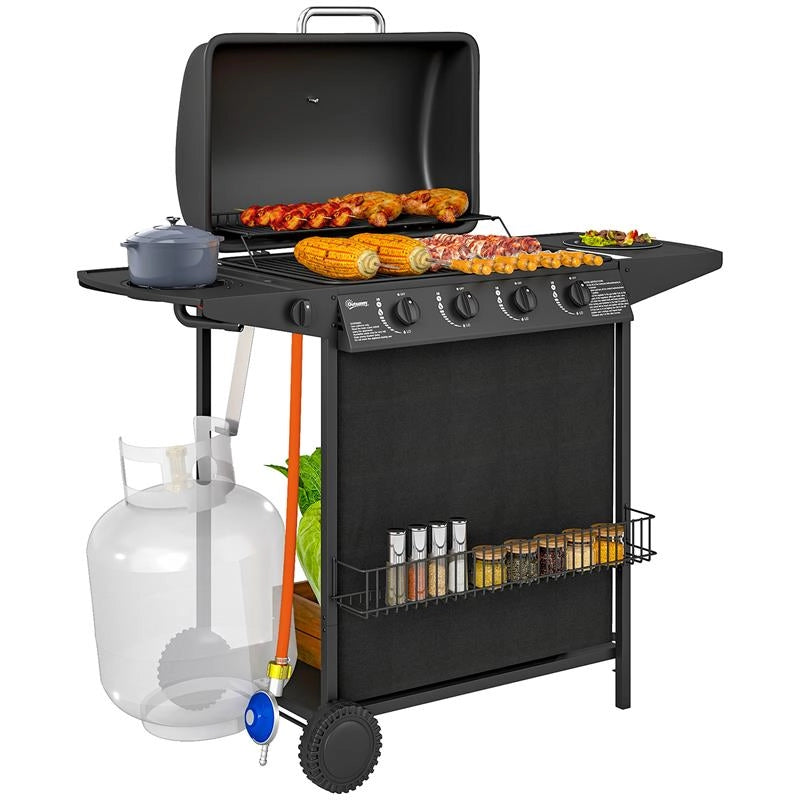BARBECUE A GAS CON 4+1 BRUCIATORI INDIPENDENTI E COPERCHIO CON TERMOMETRO 121X54X97 CM NERO