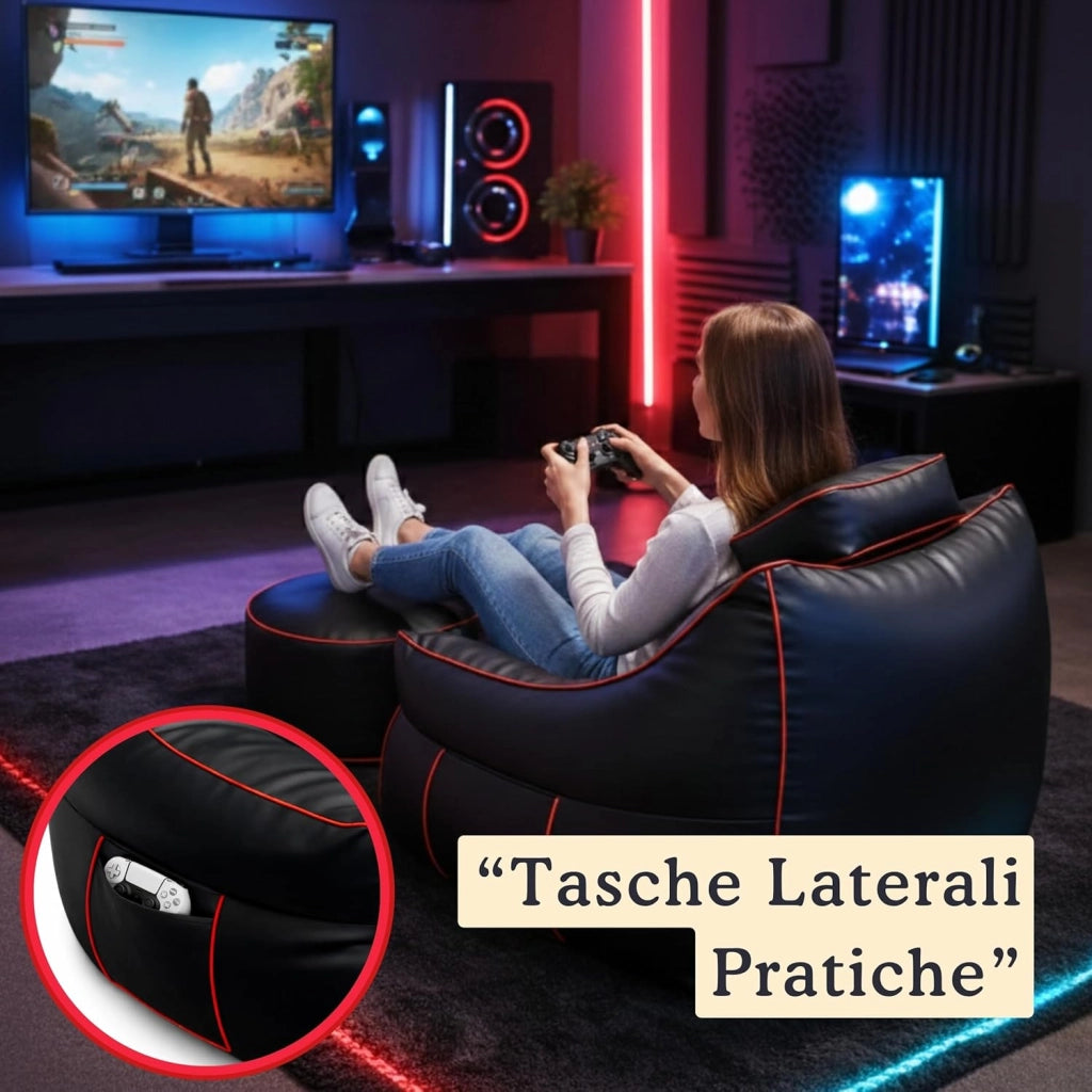 Set Pouf Poltrona Gaming XXL + Pouf rotondo - Comfort per relax e gaming - Poggiatesta regolabile, 2 tasche - Per divano, soggiorno e postazione gaming (110×100×90 cm, Rosso)