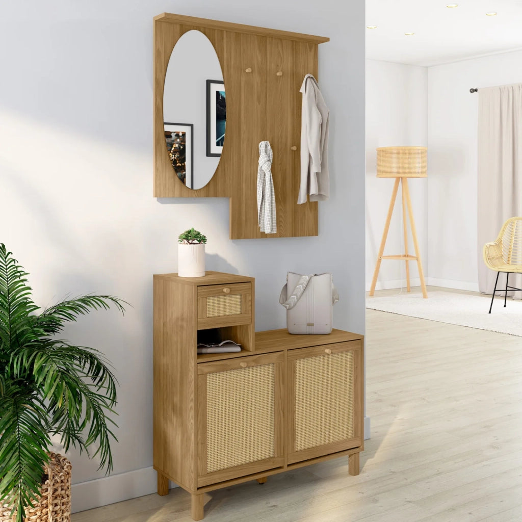 IDMarket - Guardaroba d'ingresso con specchio effetto canna naturale HANAE