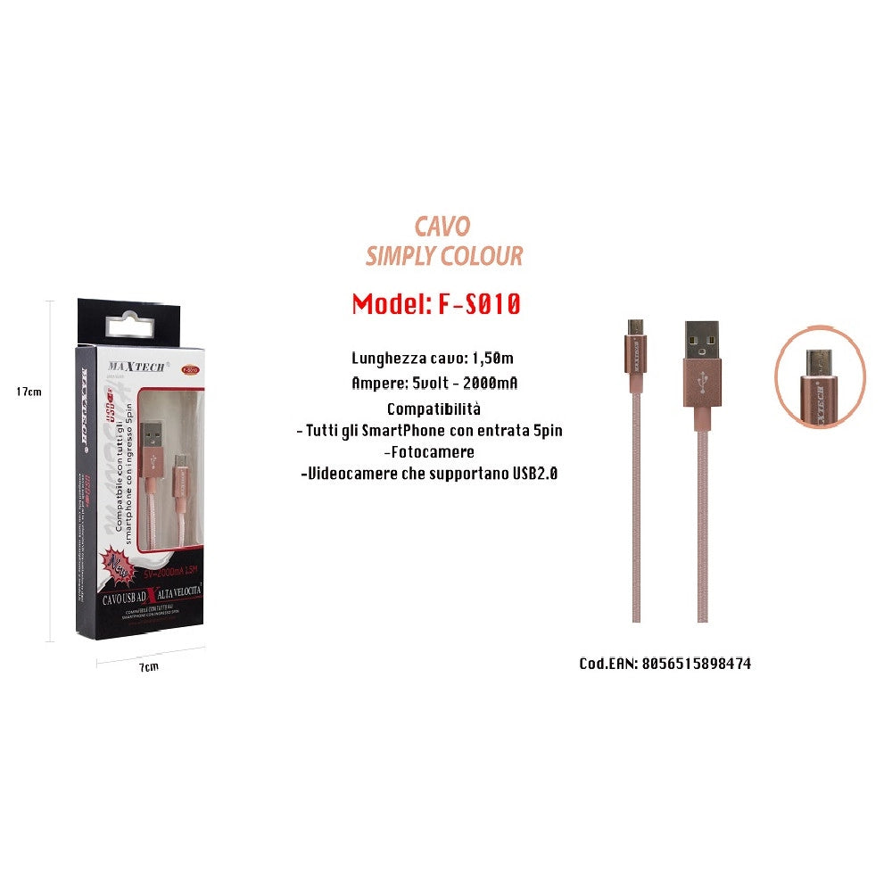 Trade Shop - Cavo Simply Colour Per Smartphone 5volt - 2000ma Lunghezza 1,5mt Maxtech F-s010 -