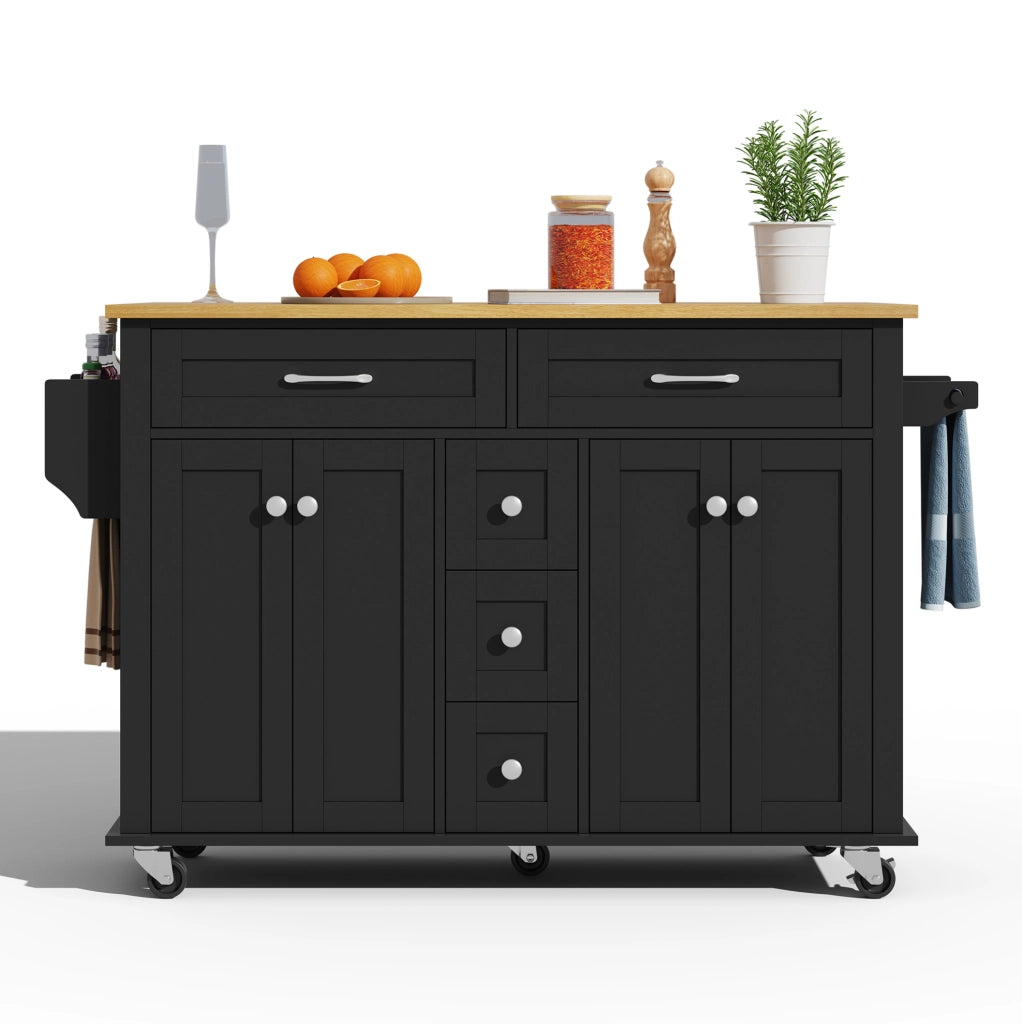 Carrello da cucina estensibile con piano ribaltabile; cassetti e ruote; MDF nero naturale