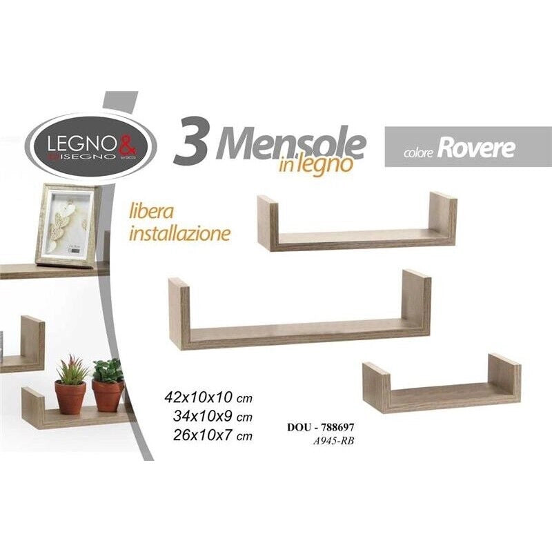 MAURY'S SET 3 MENSOLE LINEARI IN DIFFERENTI DIMENSIONI CON FINITURA ROVERE