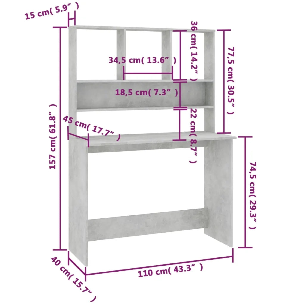 Scrivania con Mensole Grigio Cemento 110x45x157cm in Truciolato cod mxl 64344