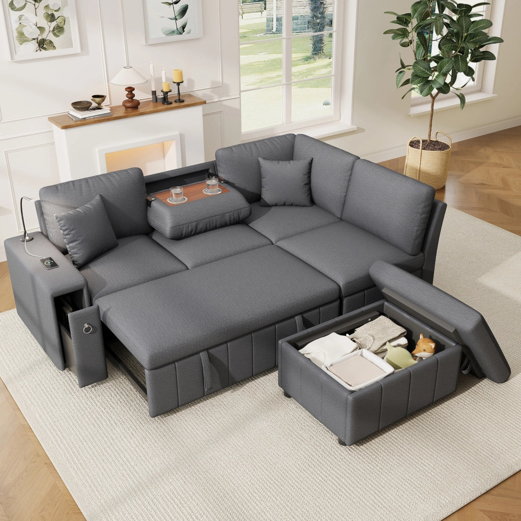 Divano letto angolare 5 posti con pouf contenitore; USB e Type-C grigio HOMVRA