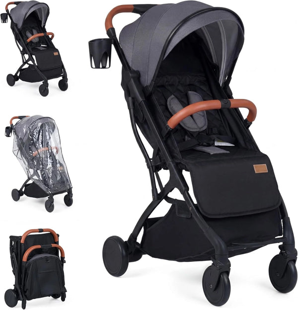 Passeggino Leggero per Bambini e Neonati, Passeggino Pieghevole e Portatile con Ruote, Schienale Regolabile, Tettuccio, Cintura di Sicurezza, Cesto e Copertura Antipioggia (Grigio)