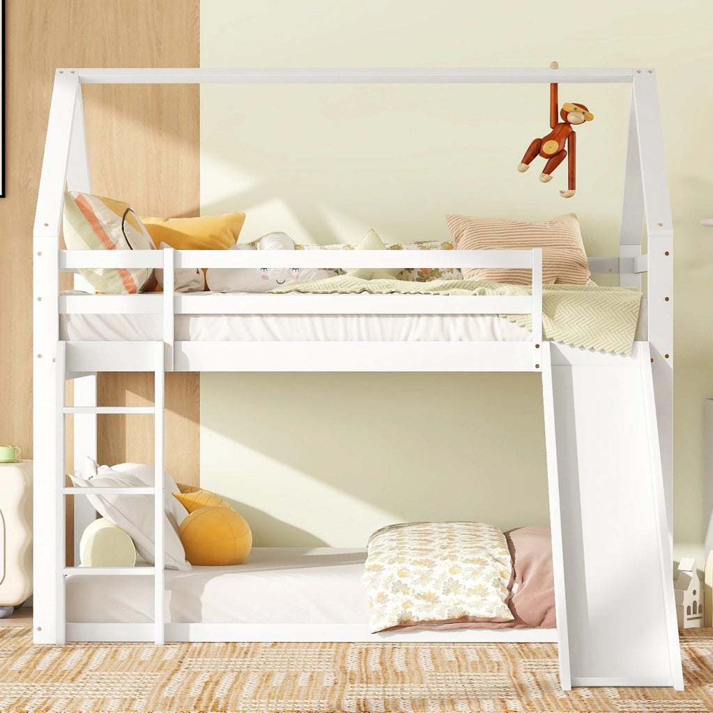 Letto a castello a forma di casa con scivolo e scala, bianco, 90 x 200 cm