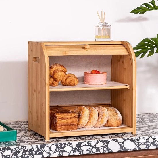 Cassetto per Pane in Bambù per Conto Cucina: 2 Strati Grande Capacità di Stoccaggio del Pane Stile Rustico di una Casa di Campagna Cassetto per Pane con Porta Scorrevole Flessibile DIY