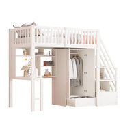 Letto a Soppalco 90 x 200 cm; Singolo con Armadio; Scrivania e Cassetti; senza Materasso; Bianco