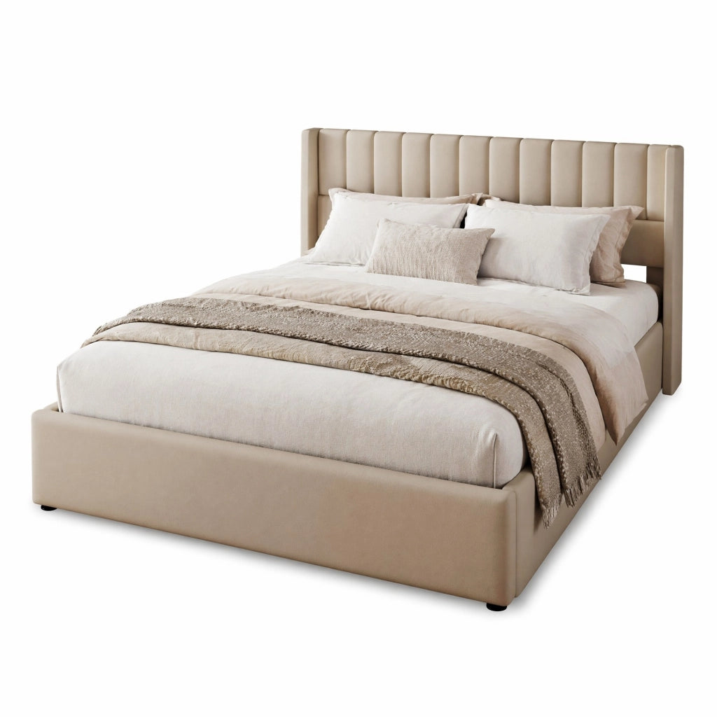 Letto contenitore matrimoniale idraulico 180x200 cm in lino con testiera imbottita, beige