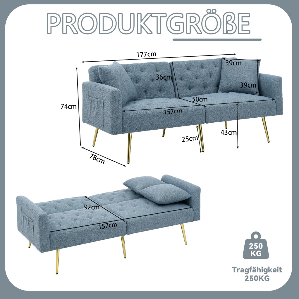 Divano 2 posti con schienale regolabile a 3 livelli in teddy blu