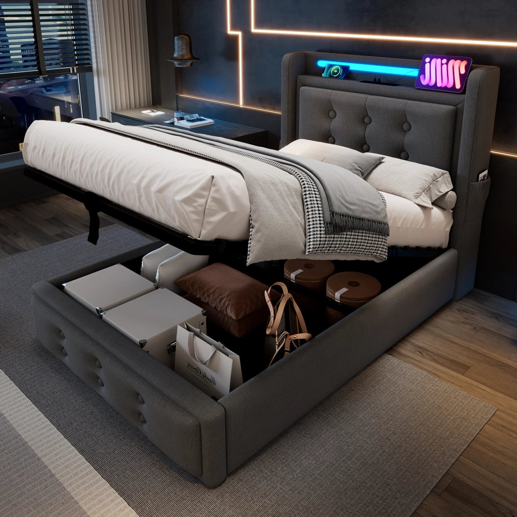 Letto imbottito 90x200 con testiera LED, prese USB-C, contenitore e materasso incluso