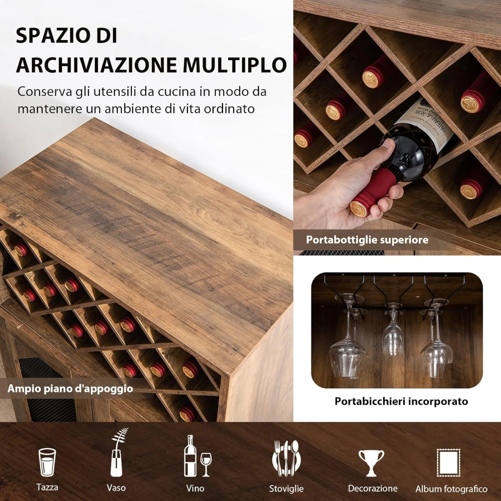 Cantinetta Portabottiglie in Legno, Credenza da Cucina con Portabottiglie Rimovibile, Portabicchiere e 2 Ante, Ideale per Cucina, Sala da Pranzo, Soggiorno