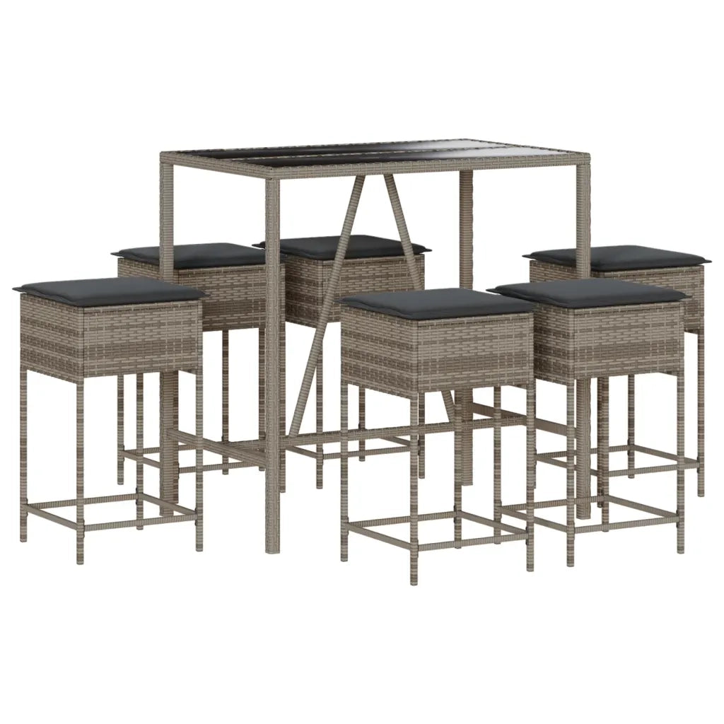 Set Bar da Giardino 7 pz con Cuscini in Polyrattan Grigio