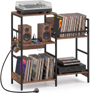 Mobile per Giradischi, Supporto per Vinile con Stazione di Ricarica, Mobile Porta Giradischi con 3 Ripiani, Scomparto, Ripiano Porta Vinili e 3 Ganci per Soggiorno e Studio, 78 x 30 x 78 cm