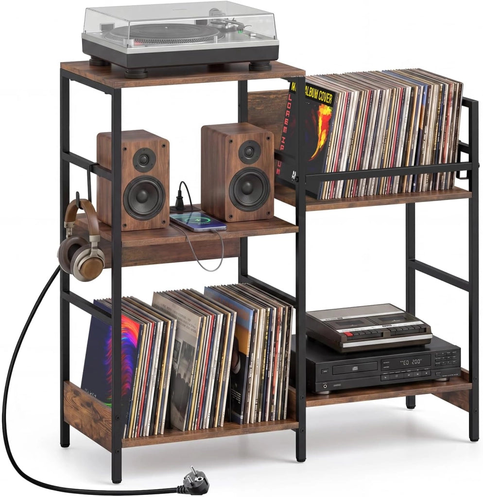 Mobile per Giradischi, Supporto per Vinile con Stazione di Ricarica, Mobile Porta Giradischi con 3 Ripiani, Scomparto, Ripiano Porta Vinili e 3 Ganci per Soggiorno e Studio, 78 x 30 x 78 cm