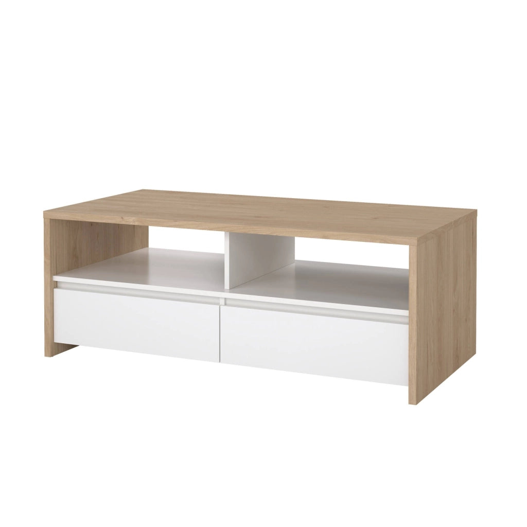 Tavolino da salotto Shote, Tavolo basso da caffè, Portariviste per divano, Ripiano da soggiorno, 120x60 h46 cm, Rovere e Bianco lucido