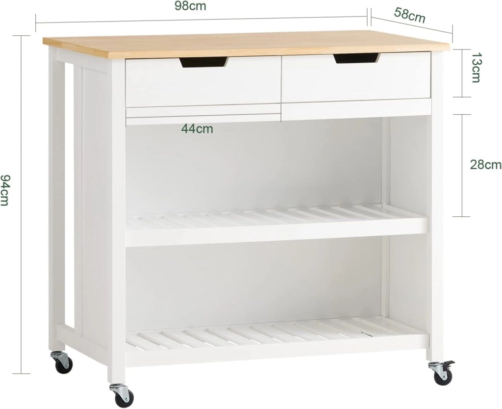 Mobile Cucina Salvaspazio Carrello Cucina con Ruote Credenza Cucina Mobiletto Cucina Dispensa Isola Cucina Mobile Cucina con Cassetti Piano in Legno Bianco-Naturale 98x94x58 cm FKW74-WN