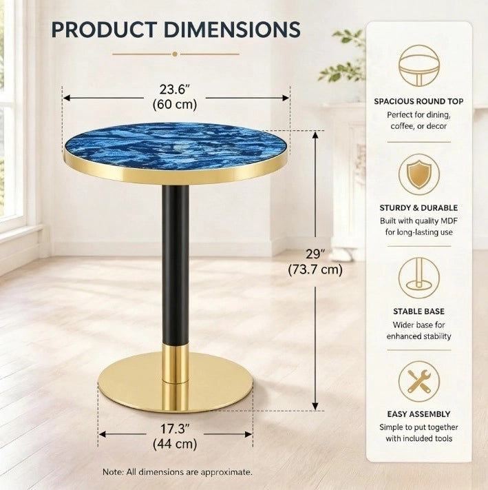Tavolino rotondo 60x73;7 cm con piano effetto marmo blu in MDF e struttura in metallo