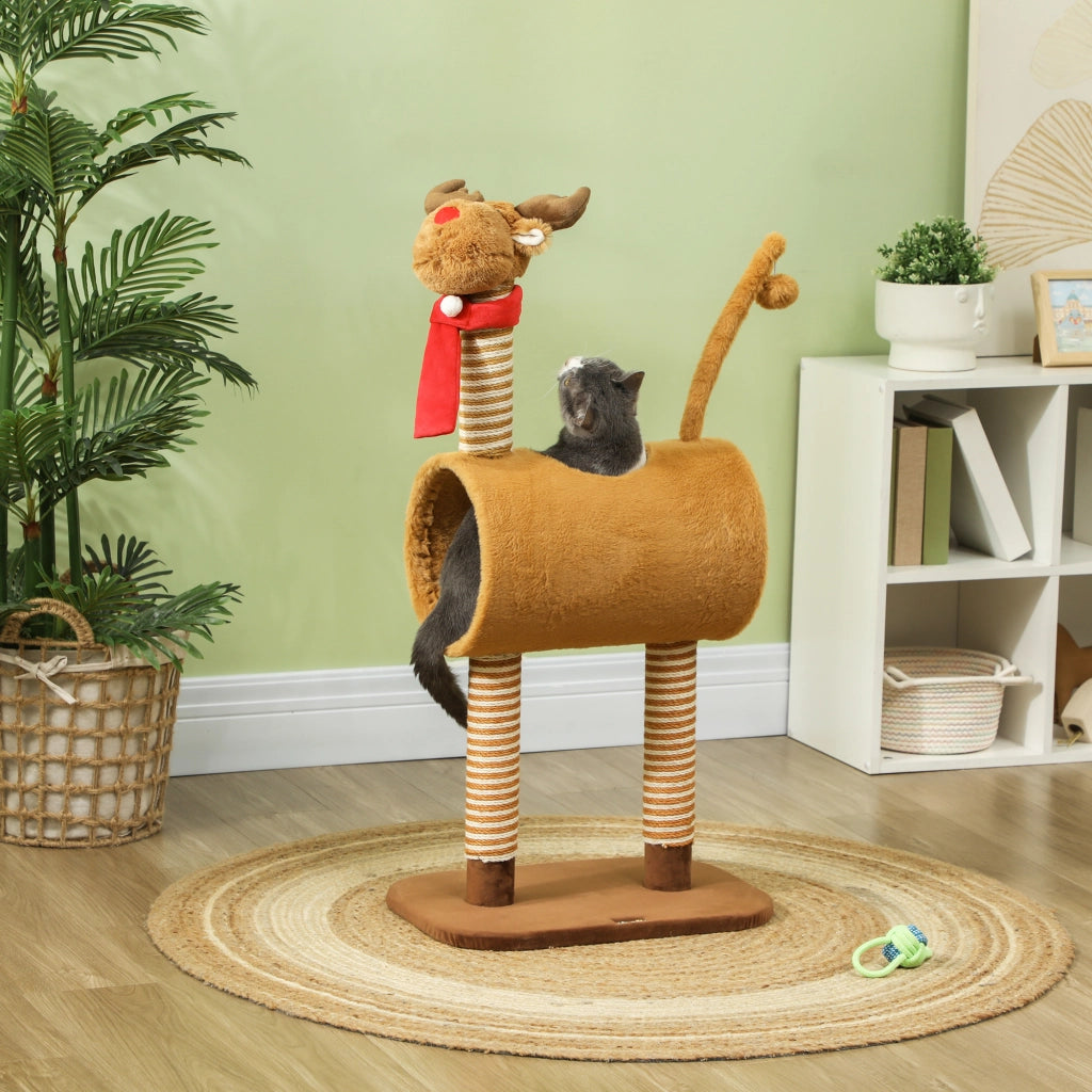 Albero tiragraffi per gatti 98 cm ¨C zephmum ¨C design cervo, con tana, palla e tronchi di juta marroni