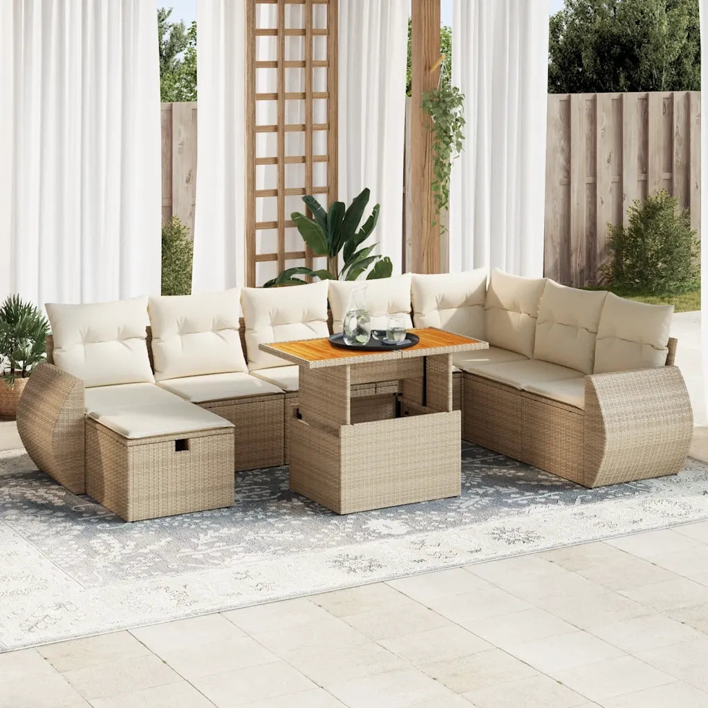Set Divano da Giardino 9 pz con Cuscini Beige Polyrattan Acacia