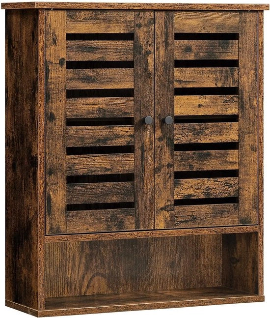 Cassa da Parete - Armadio da Bagno - Cassetto di Stoccaggio - 2 Porte - 1 Spazio Aperto - Marrone - Legno Lavorato - Industriale - 60 x 20 x 70 cm