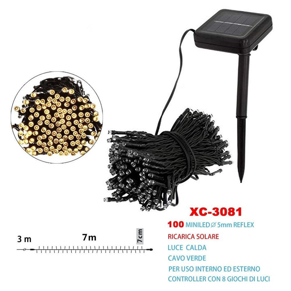 Trade Shop - Catena Luminosa Natale 100 Led Con Ricarica Ad Energia Solare Luce Calda Xc-3081 -