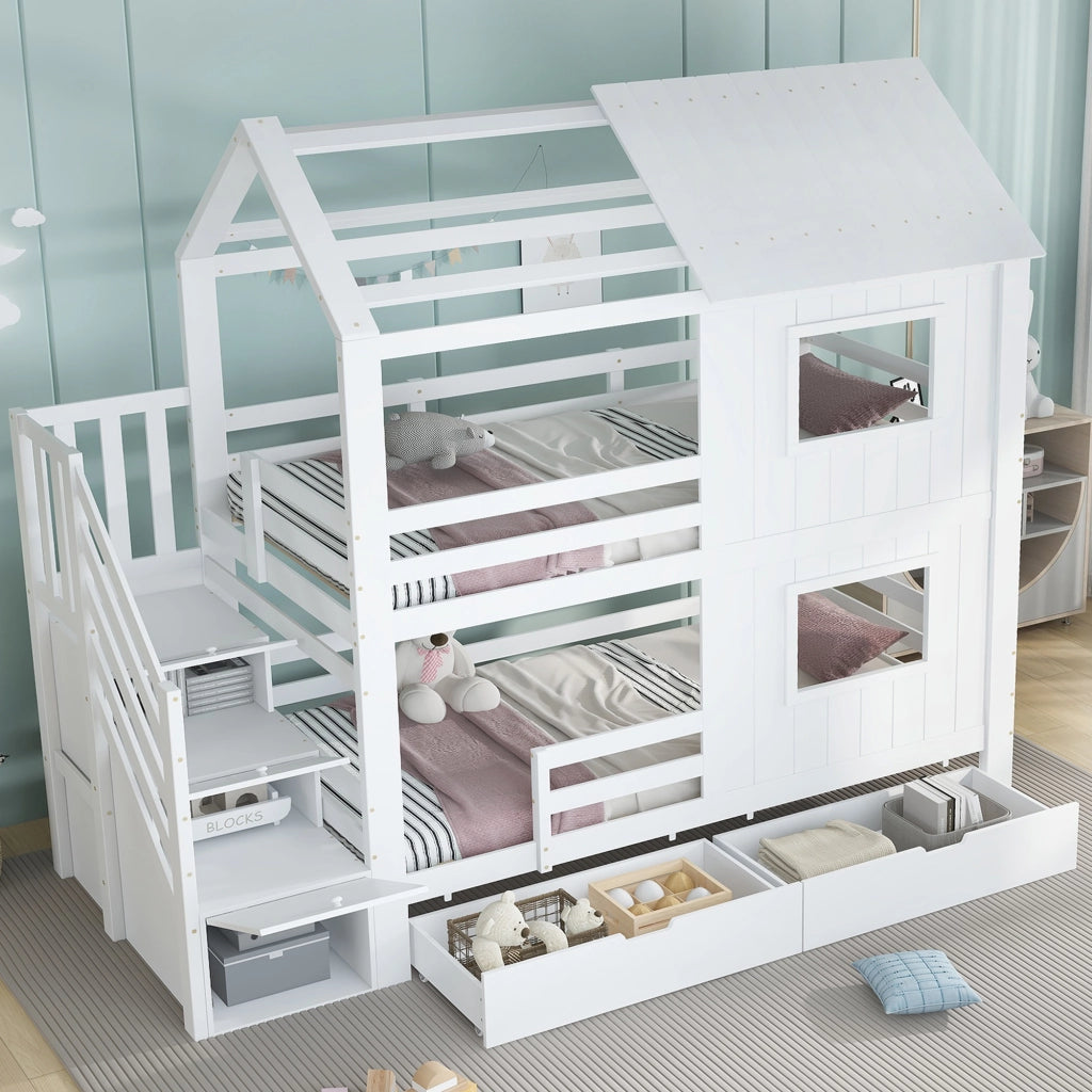 Letto a Castello 90x200 cm con Scala Contenitore; Cassetto su Ruote; Finestre e Tetto; Bianco