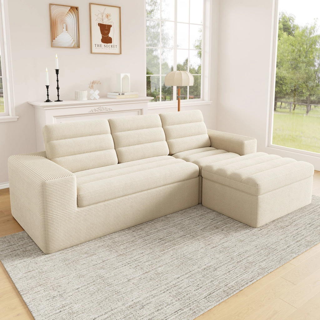 DIVANO Modulare angolare 253x161x89 cm tessuto a coste beige con pouf