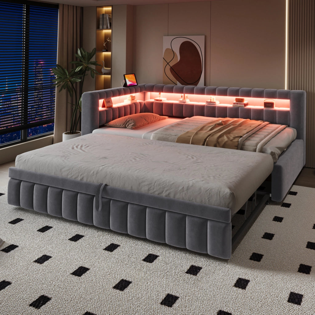 Sofabett 90x200 cm; letto estraibile con LED e ricarica; velluto grigio