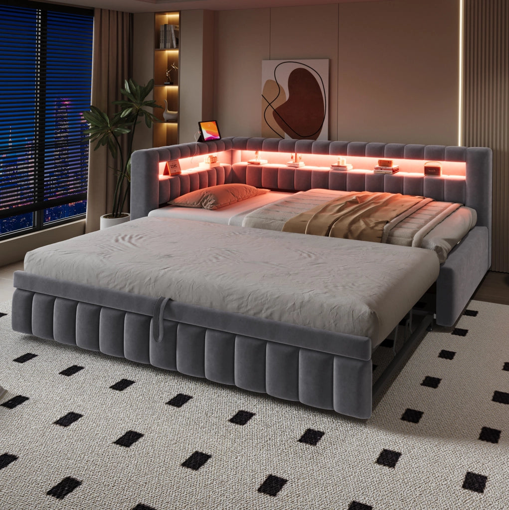 Sofabett 90x200 cm; letto estraibile con LED e ricarica; velluto grigio