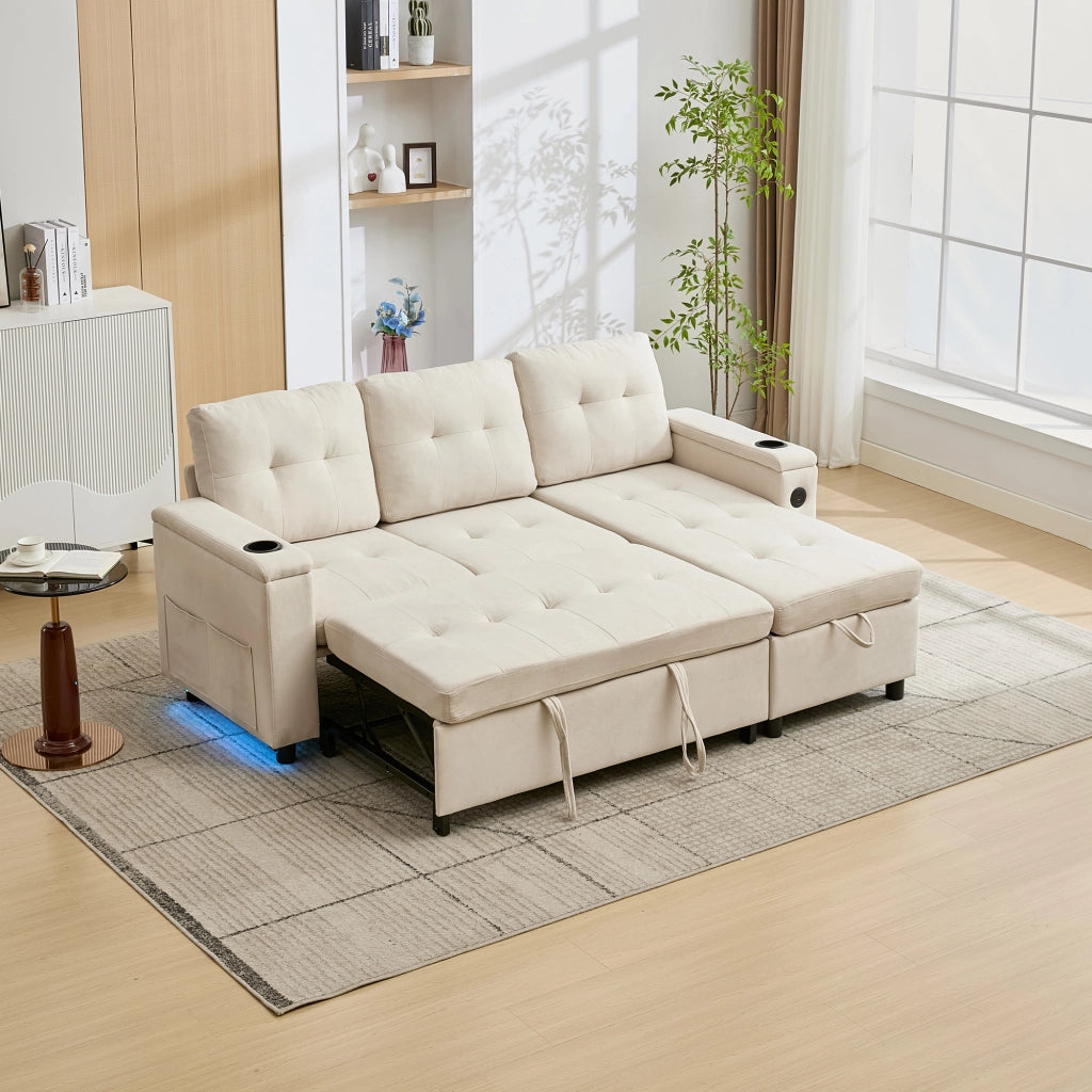 Divano letto angolare 3 posti con contenitore; LED; USB e portabicchieri in tessuto beige