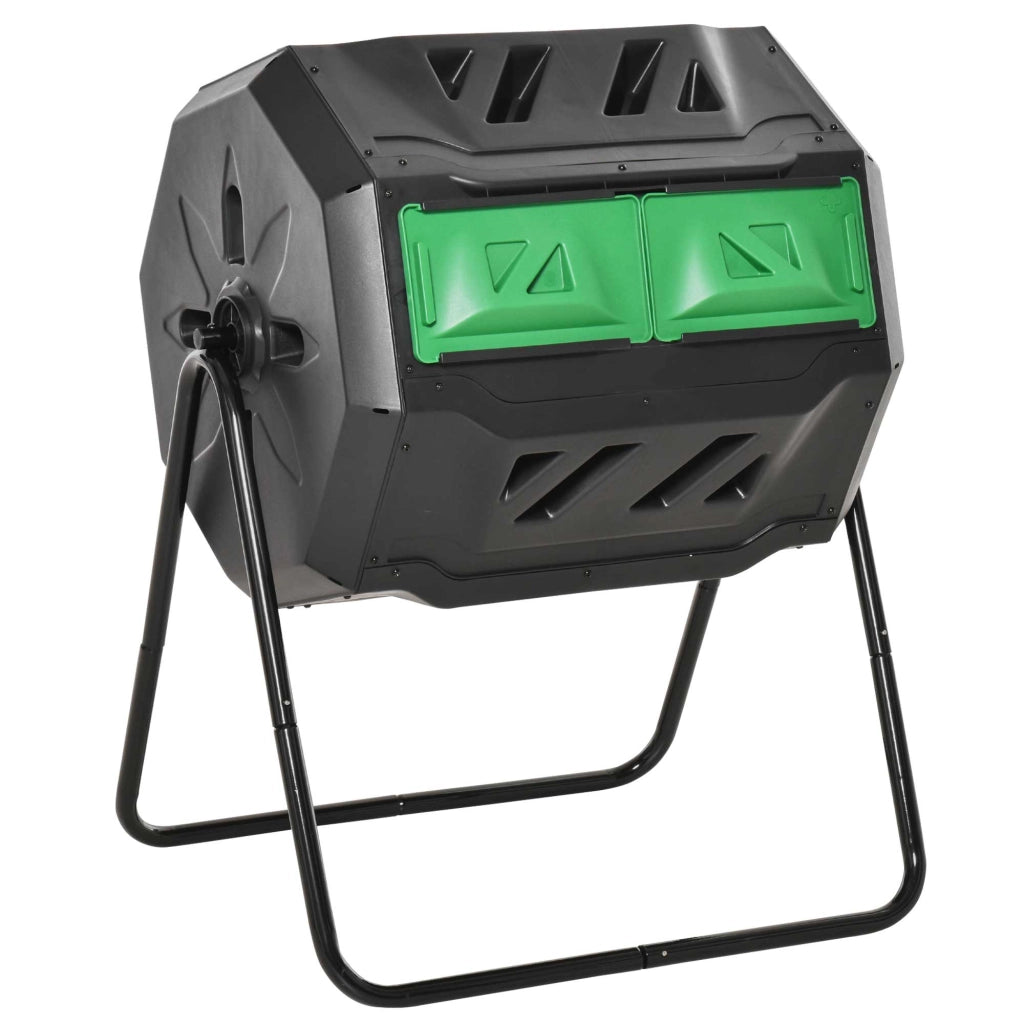 Compostiera da Giardino Girevole a 2 Sezioni con 8 Prese d'Aria, Acciaio e PP, 71x65x96 cm, Nero