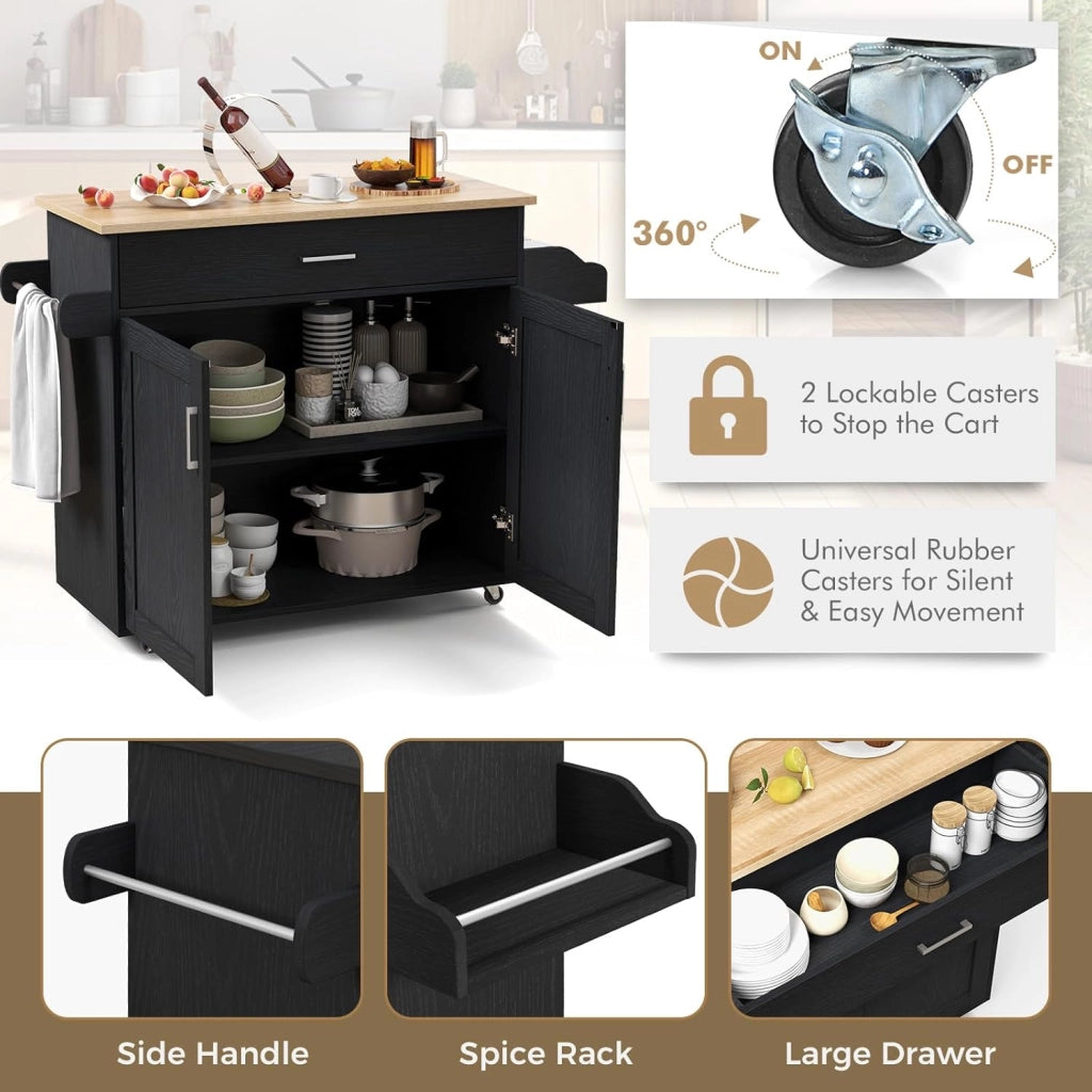 Carrello da Cucina con Ruote di Gomma, Isola Cucina con Cassetto e Ripiano Regolabile, Mobile Credenza Salvaspazio Porta Microonde, Portaspezie, Portasciugamani, 116 x 40 x 85 cm (Nero)