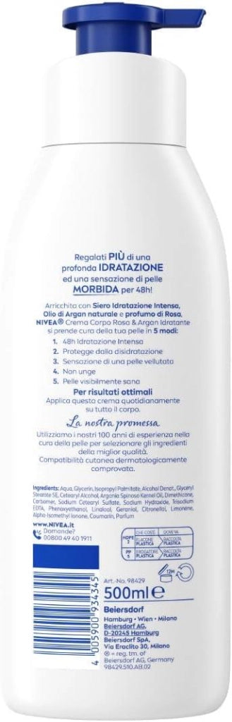 NIVEA PUMP CREMA CORPO ROSA E ARGAN DA 500 ML ADDOLCENTE ED IDRATANTE PER PELLI NORMALI E SECCHE
