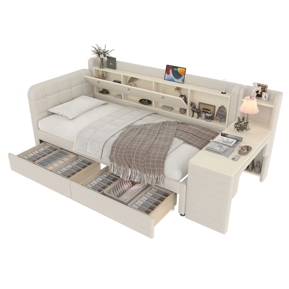 Letto Divano con Cassetti e Scrivania ¨C MINIMAL ¨C Lino Beige 90x200