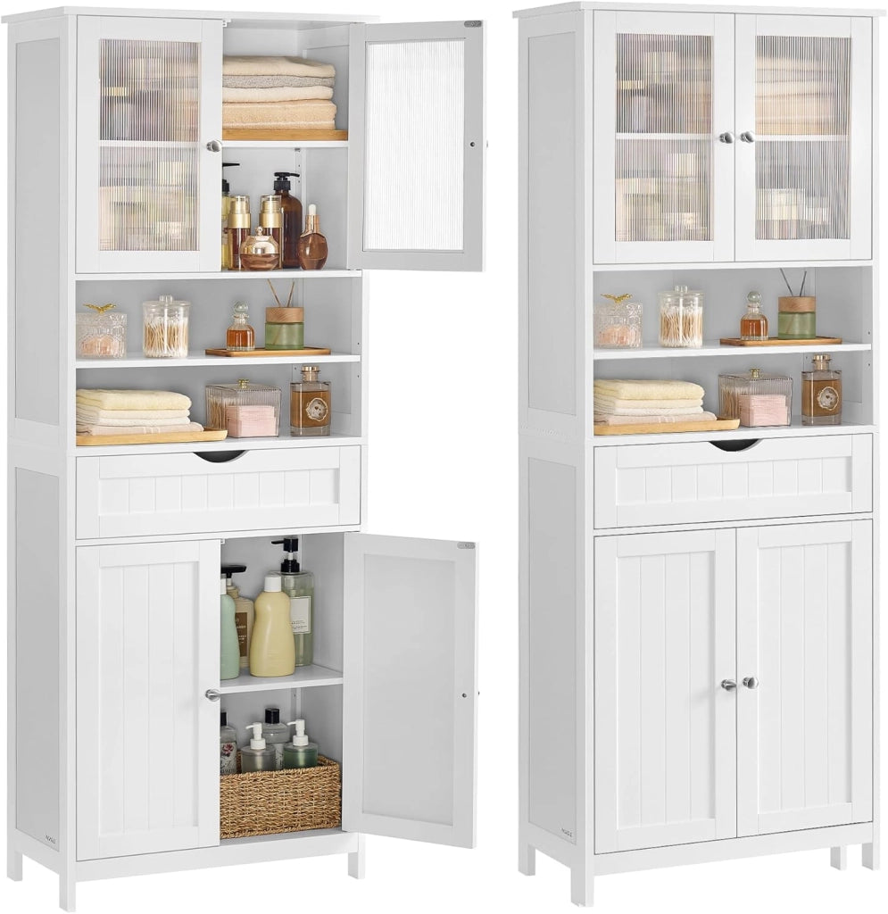 VASAGLE Mobiletto Contenitore, Armadietto da Bagno, con Ripiani Regolabili, Cassetto, Scomparti Aperti, per Bagno, Soggiorno, Sala da Pranzo, Bianco Nuvola BBC768W01