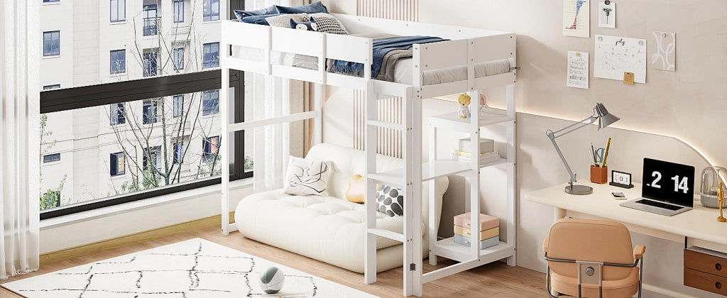 DESMIU Letto a Soppalco Singolo con Scaffale e Sponde, 90 × 200 cm, Senza Materasso, in Legno, Bianco