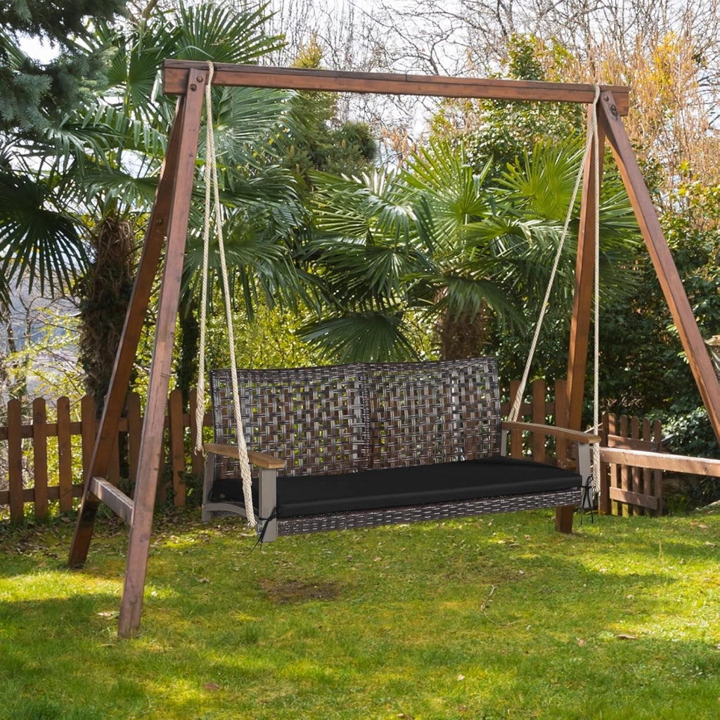 Porch Swing in Vimini PE a 2 Posti, Altalena da Esterno con Morbido Cuscino Sedile e Cordami Appendiabili, Capacità di Carico di 360 KG, Adatta per Cortile, Giardino, Portico (Nero)