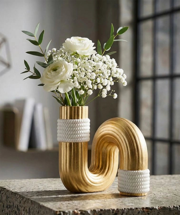 Vaso Bann 10,5x10,5x12,7 cm in Poliestere Oro e Bianco