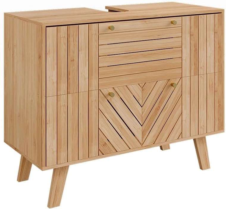 Mobile sottolavabo per bagno Lucie, Bambù, 100 x 65 cm con 2 cassetti, adatto per la conservazione salvaspazio di accessori da bagno