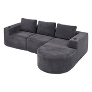 Divano dritto 2 posti con tre cuscini e due portabicchieri, in poliestere imbottito grigio scuro, 265 × 176 × 60 cm