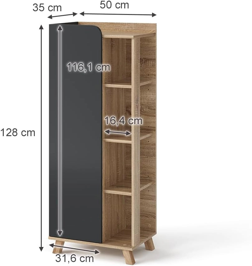 Mobiletto midi Karen, Sonoma/antracite, 50 x 128 cm con porta e vani aperti, per la conservazione di articoli da bagno e asciugamani