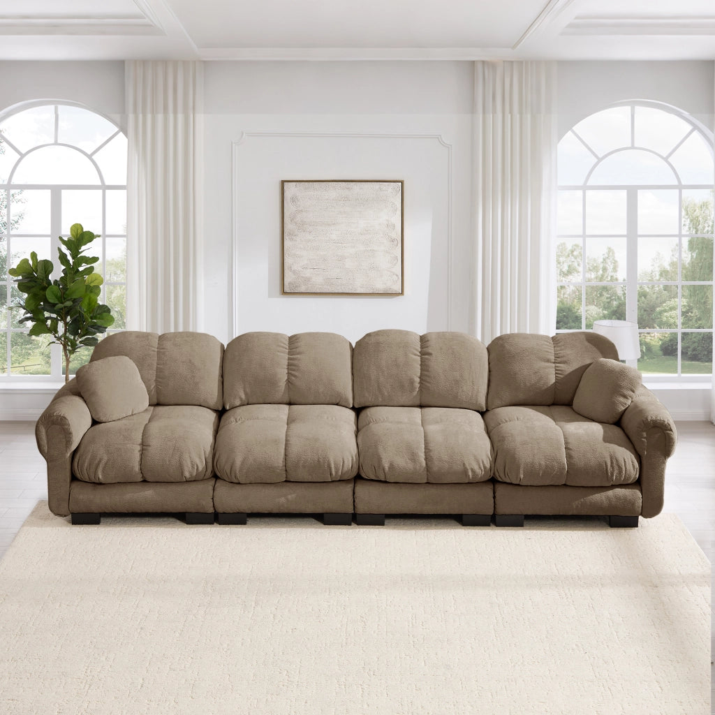 Divano modulare in chenille con seduta imbottita e schienale ergonomico e braccioli curvi marrone 330 × 86 × 90 cm