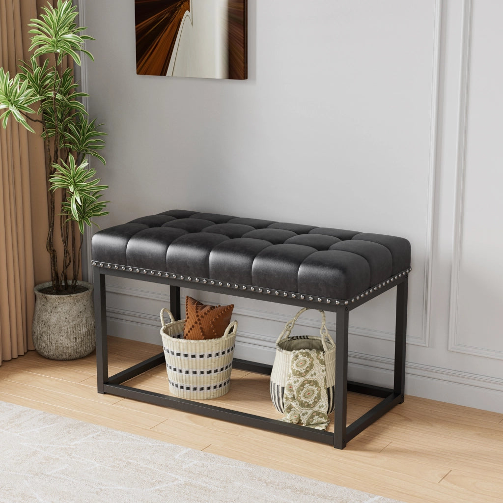 Panca imbottita vintage nera 91 cm con seduta capitonné e struttura in metallo